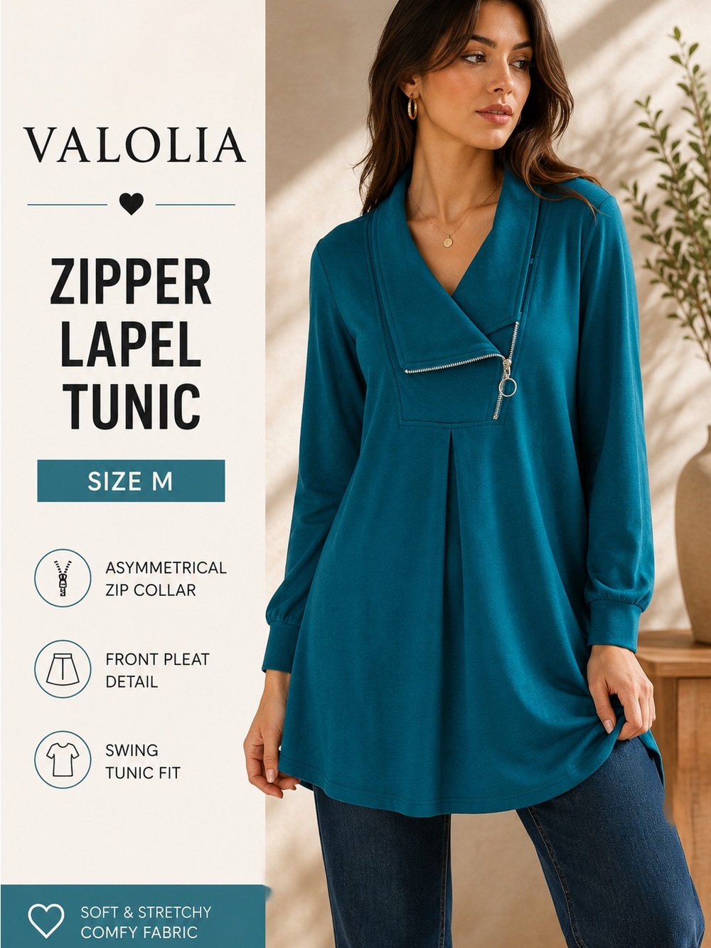 Valolia Teal Zipper Lapel Swing Tunic Top Size M NWT